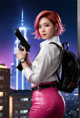 with pink hair holding a gun in front of a cityscape