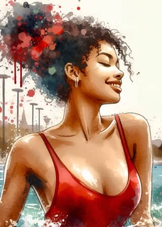 in a red swimsuit
