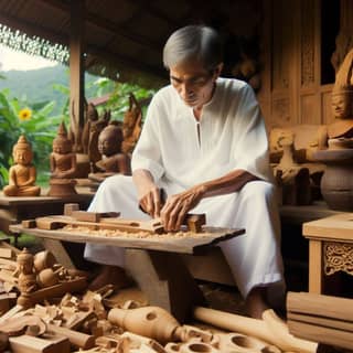 an elderly man is working on a wooden carving