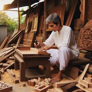 an elderly man is working on a wooden table