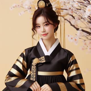 in a black and gold hanbok