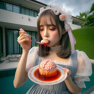 Una chica en vestido comiendo un pastel con un cerebro encima.