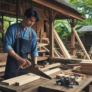 is working on a wooden table with a saw