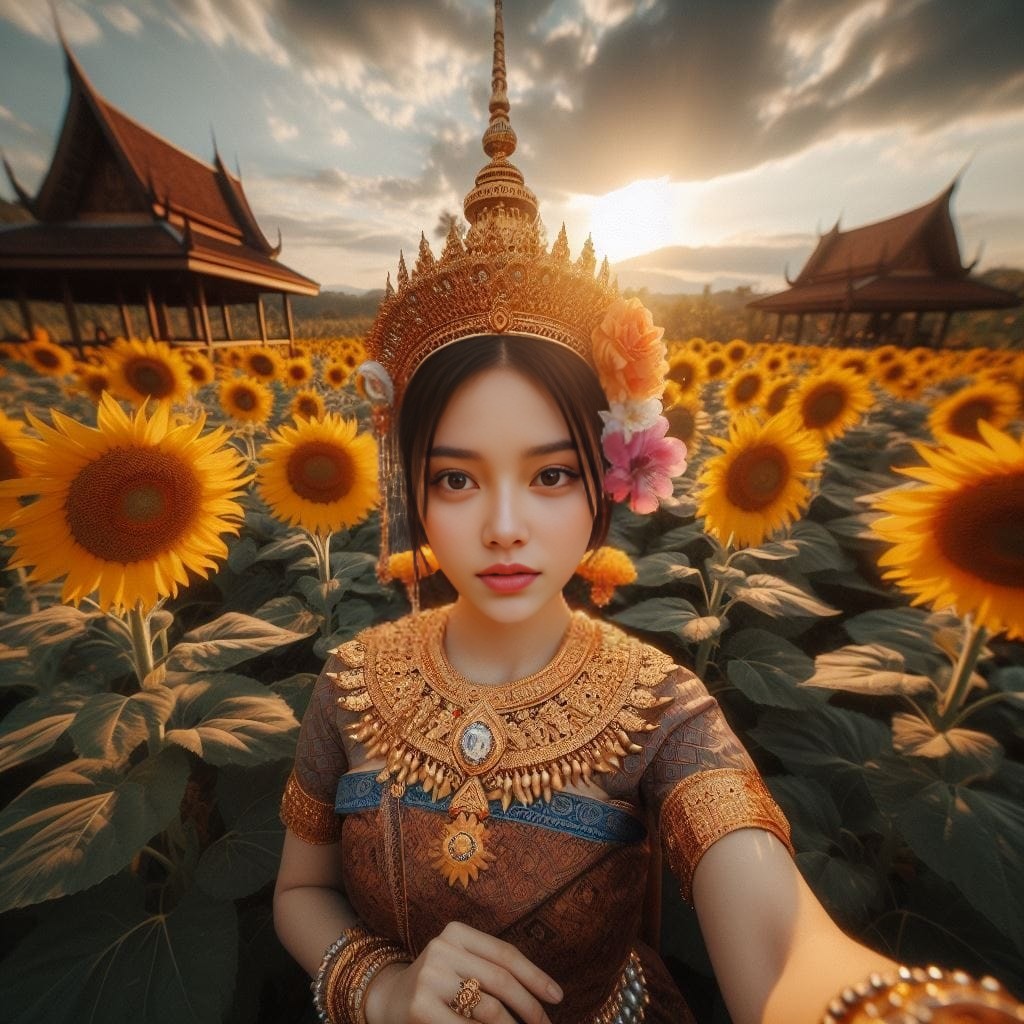 Chica tailandesa en traje tradicional tomando un selfie en un campo de girasoles.