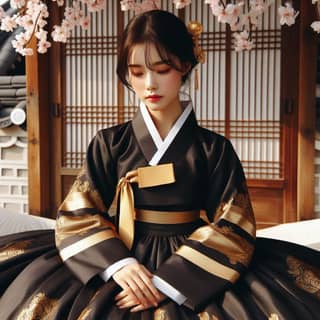 in traditional korean dress sitting on a bench