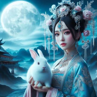 woman in oriental clothing holding a rabbit