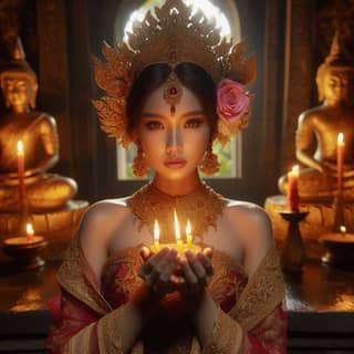 Seorang wanita mengenakan pakaian tradisional Thailand sambil memegang lilin.