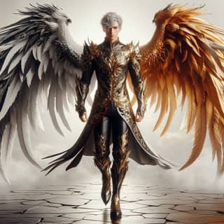 an angel with golden wings is standing on a stone floor