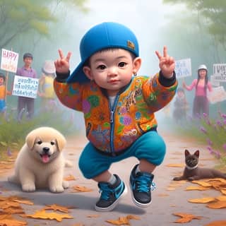 a baby is jumping with a dog and a sign that says peace