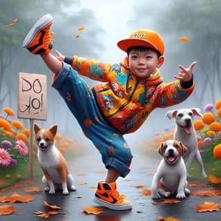 a boy in orange and blue jacket with dogs and a sign that says dojo