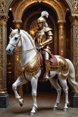 in a gold armor riding a white horse