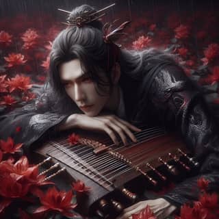 with long hair and a red flower in his hand