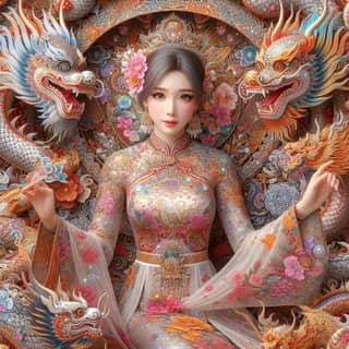 in oriental dress with dragons on her back