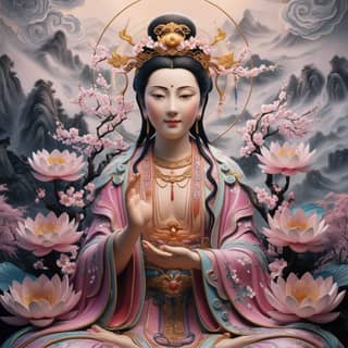 a buddha sitting on lotus flowers