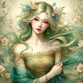 girl with long green hair and green dress