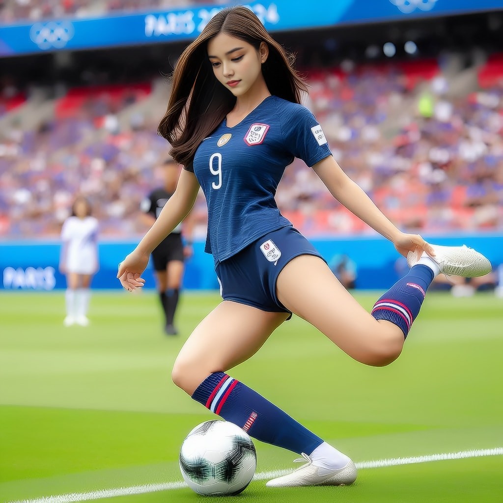 a girl in a soccer uniform is kicking a ball