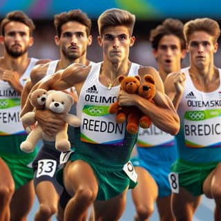 a group of men running with teddy bears