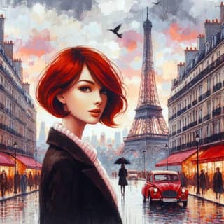 with red hair in front of the eiffel tower