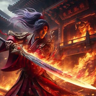 in a red robe holding a sword in front of flames