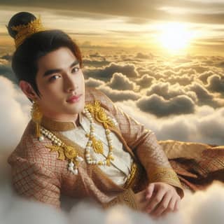 Ein Thai-Mann in traditioneller Kleidung sitzt auf Wolken.