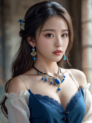 Memakai perhiasan biru.