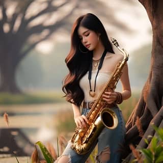 woman playing the saxophone by a tree