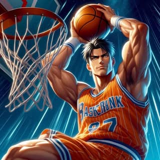 an anime character is dunking a basketball