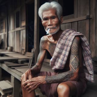 an old man with tattoos sitting on a bench