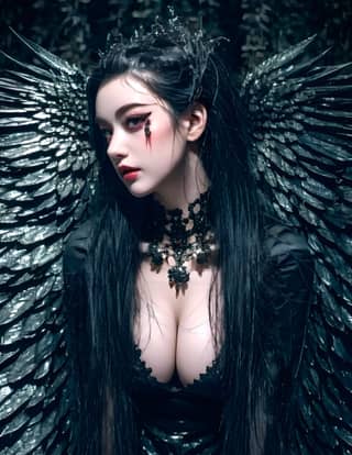 with black wings and a black dress