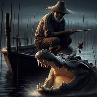 in a hat is fishing with a crocodile