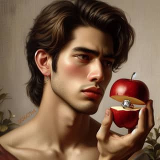 holding an apple in his hand