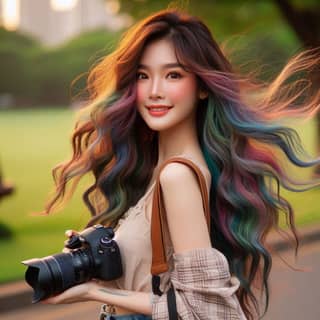 with long hair holding a camera