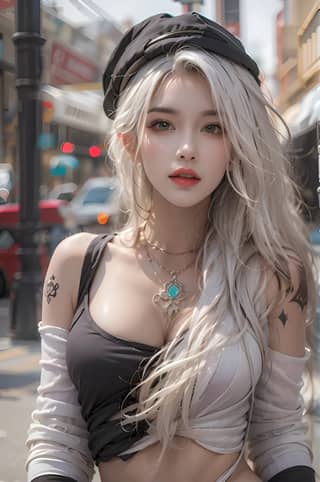 with long white hair and tattoos