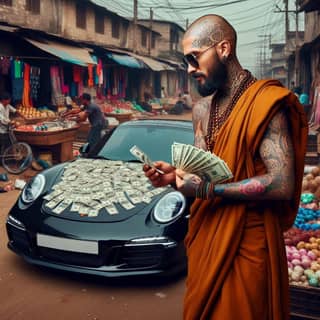 with a tattooed arm holding money in front of a porsche