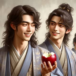 two men in traditional clothing holding an apple