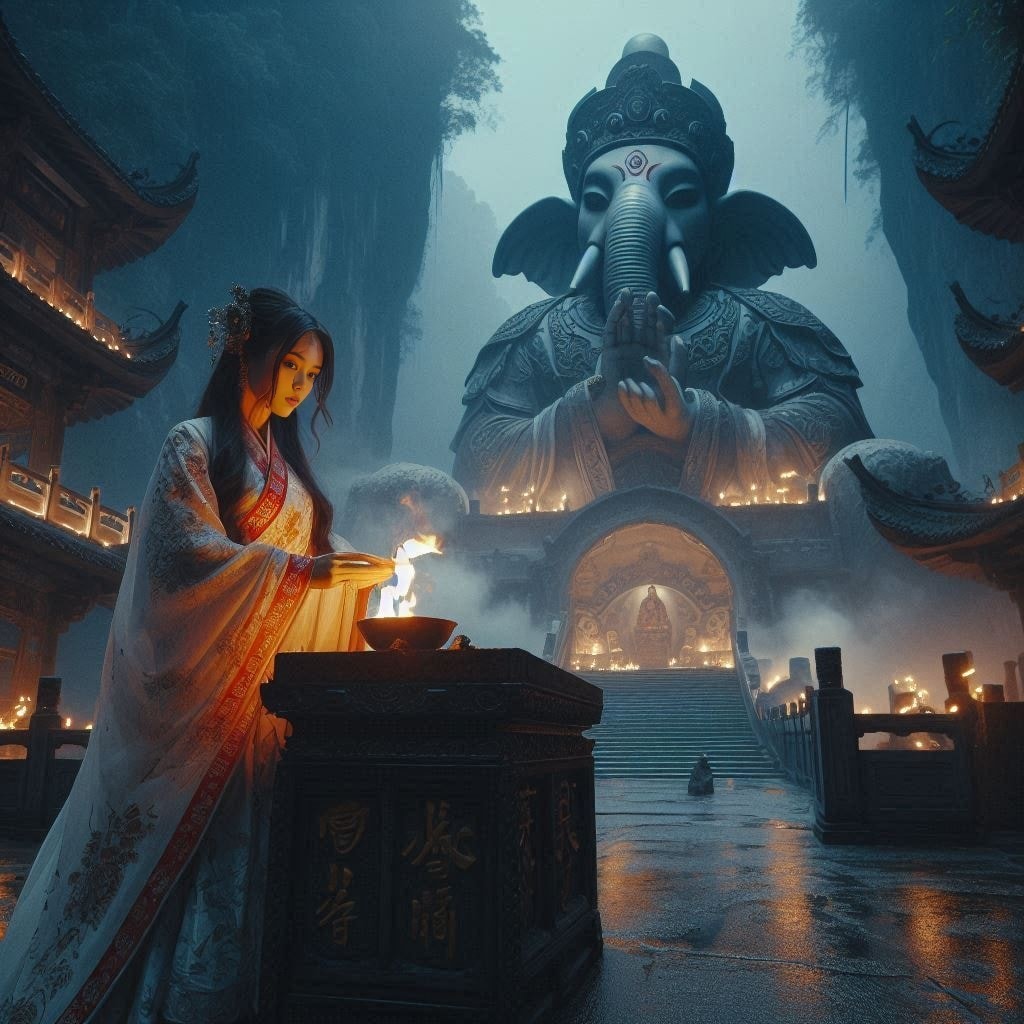 in a white robe is standing in front of a giant elephant