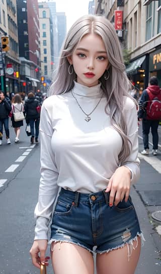 in a white shirt and denim shorts