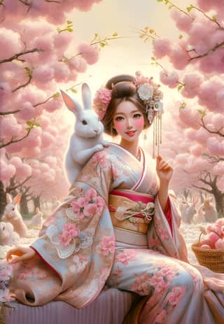 woman in a japanese geisha dress with a rabbit