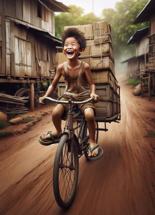 a boy riding a bike with a stack of boxes on the back