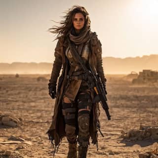 in a desert with a gun and a rifle
