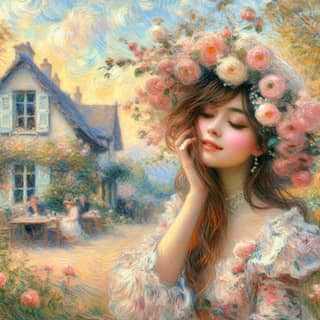 with flowers in her hair