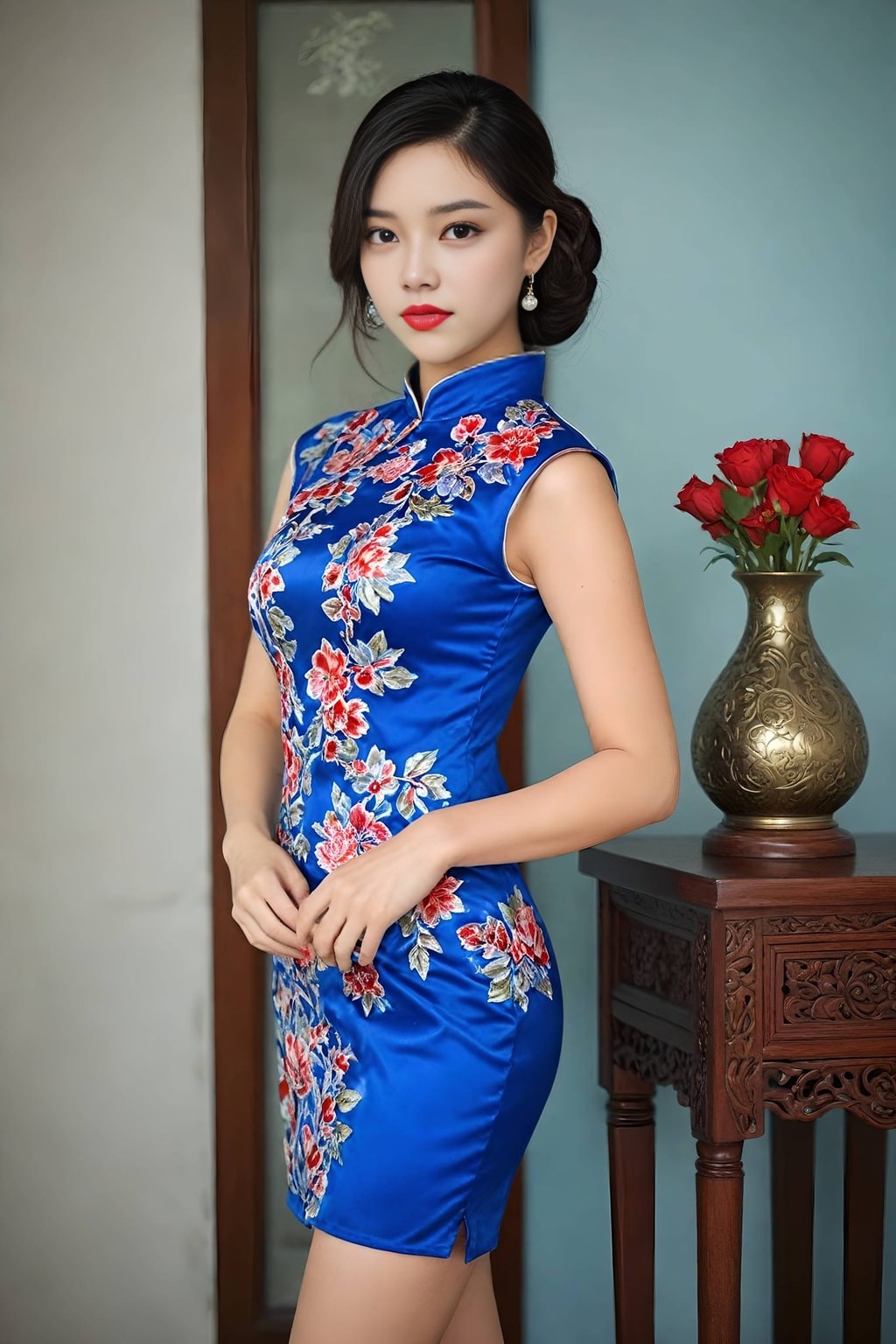 woman in a blue dress posing for a photo