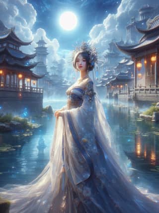 woman in a traditional chinese dress standing in front of a river