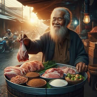 an old man is holding a tray of meat