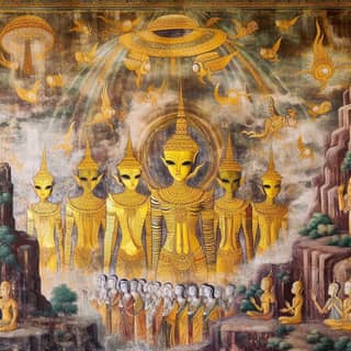 Alien emas purba di kuil Wat Phra yang dicat.