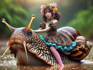یک نفر در یک پیراهن بر روی یک حلزون سوار است.
