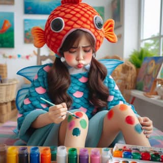 a girl in a fish costume sitting on a bed with paint on her face