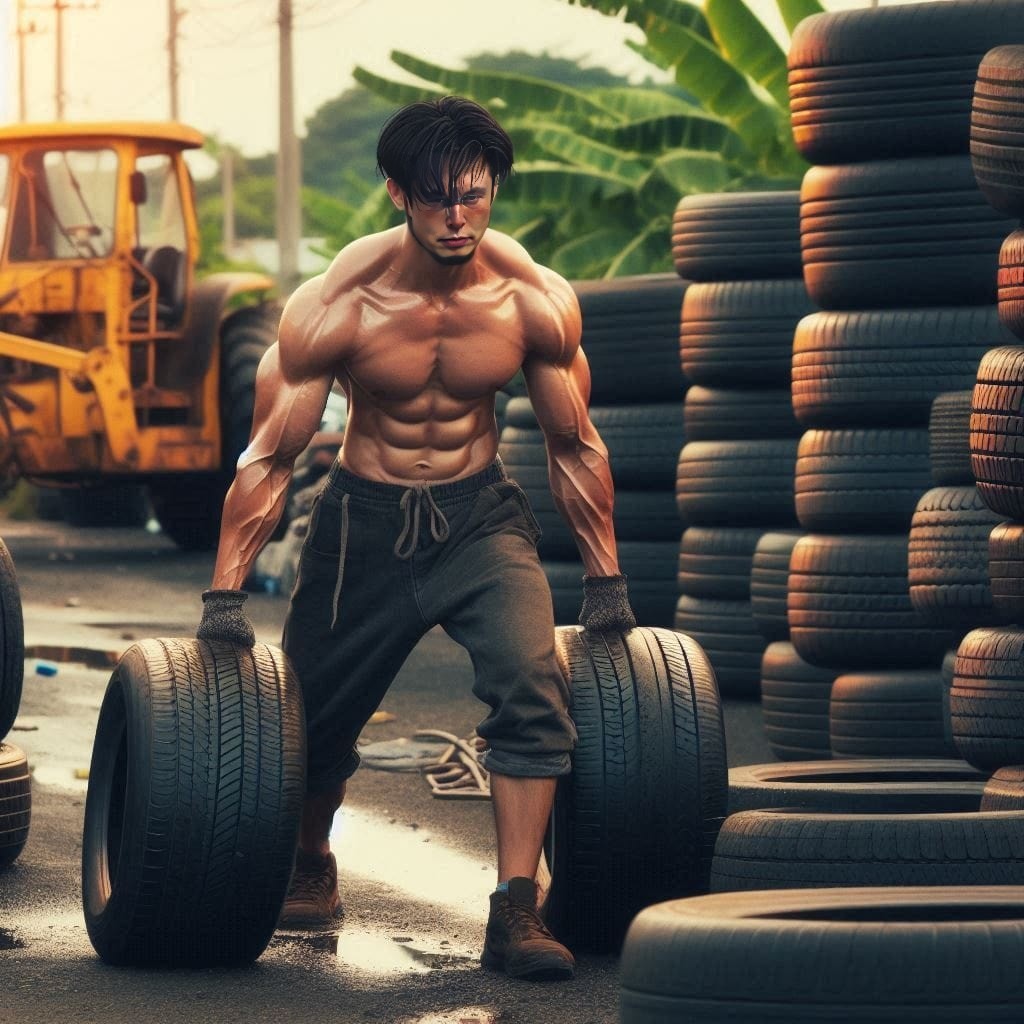 is lifting a tire in front of a truck