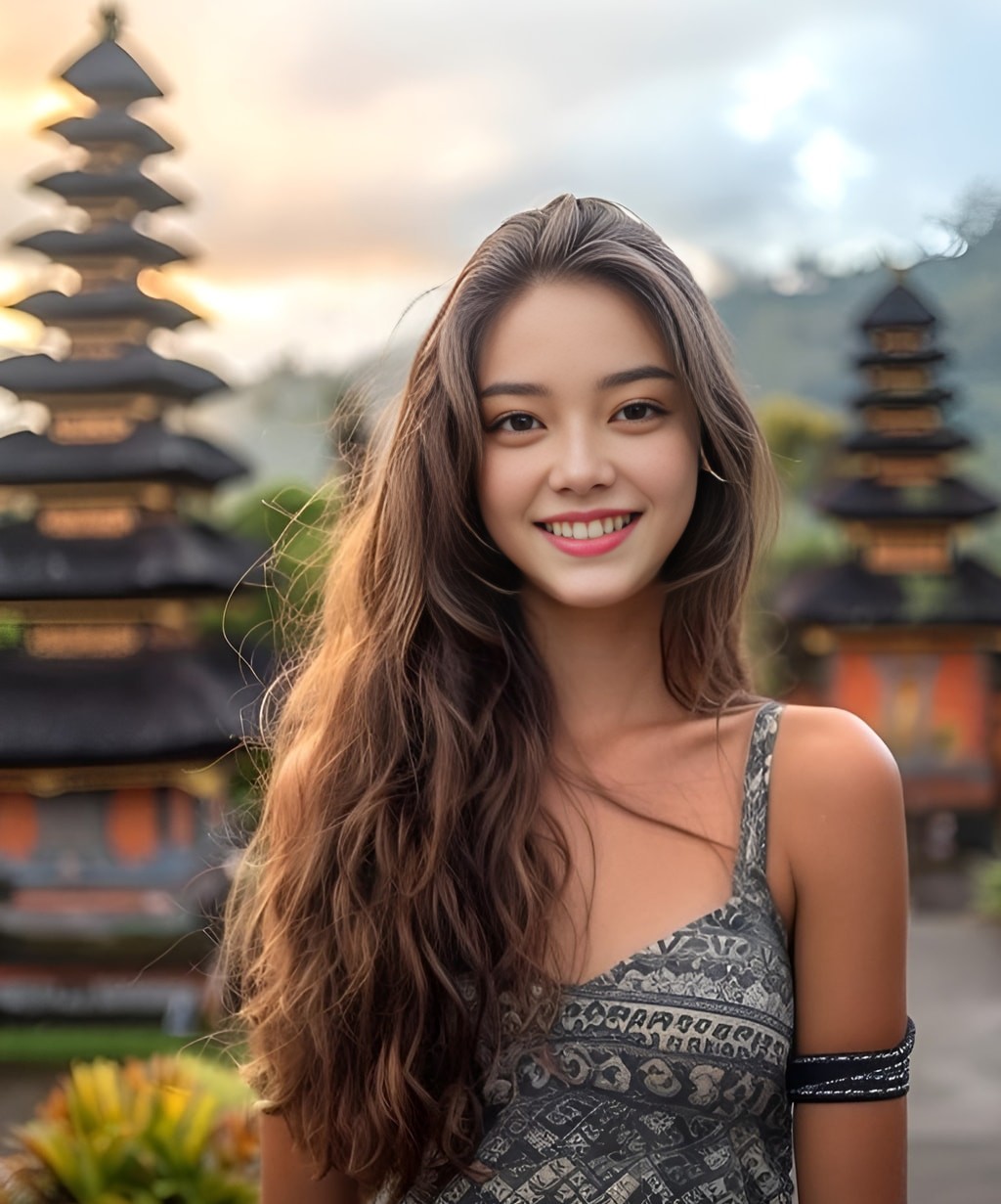 Une personne avec de longs cheveux se tient devant un temple.