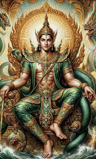 El Señor Vishnu en el trono con los brazos levantados.